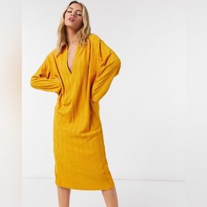 NEW FREE PEOPLE Aster Collar Midi Dress yellow marigold long sleeve dress SZ M